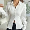 thumbnail image 5 of RYRJJ Women's Button Down Shirts Long Sleeve Dress Shirt Collared Work Office Dressy Blouses Tie Back Corset Tops(White,L), 5 of 5