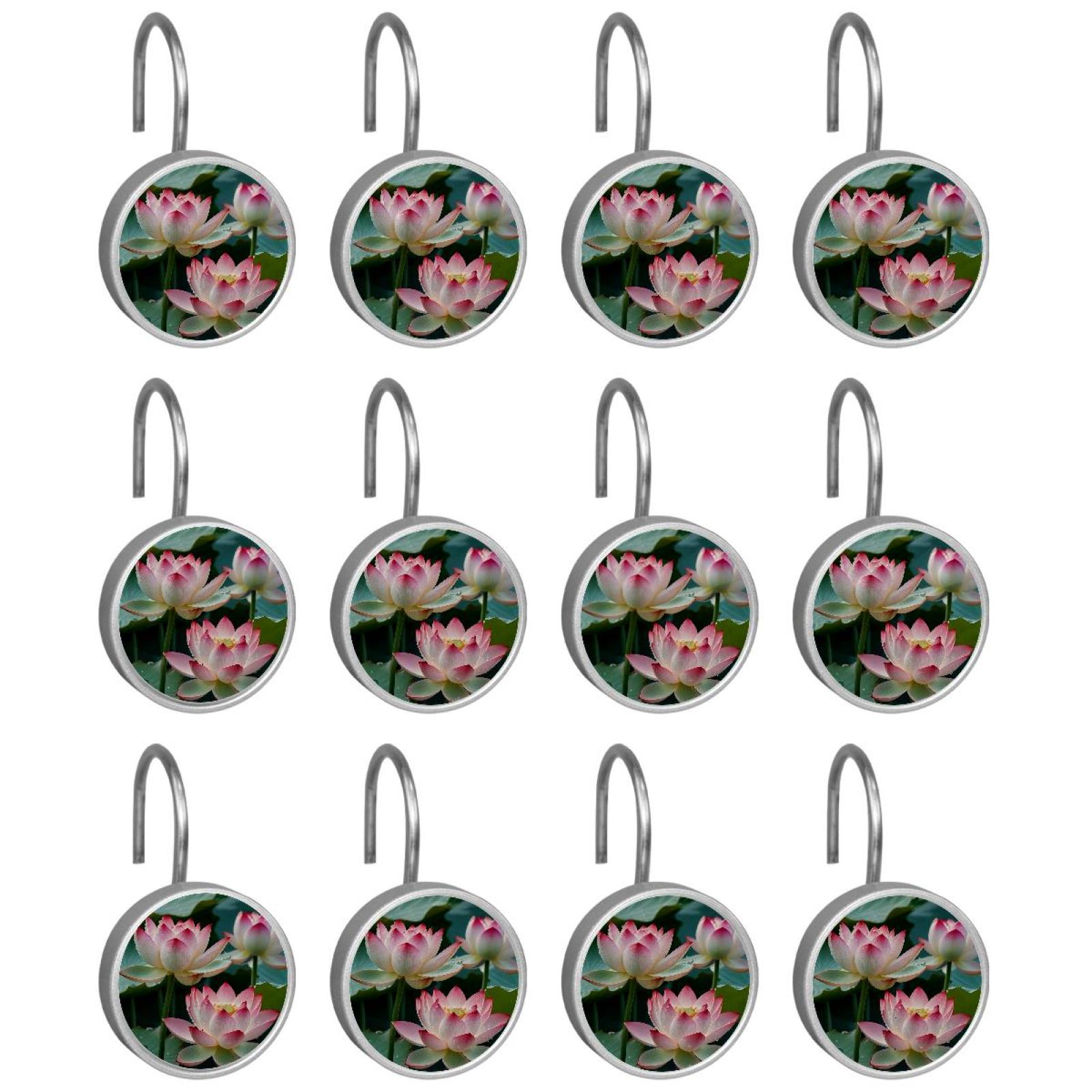Imobaby 12 Pcs Metal Shower Curtain Hooks Rust Proof for Shower Curtain Liner - Dewdrop Lotus