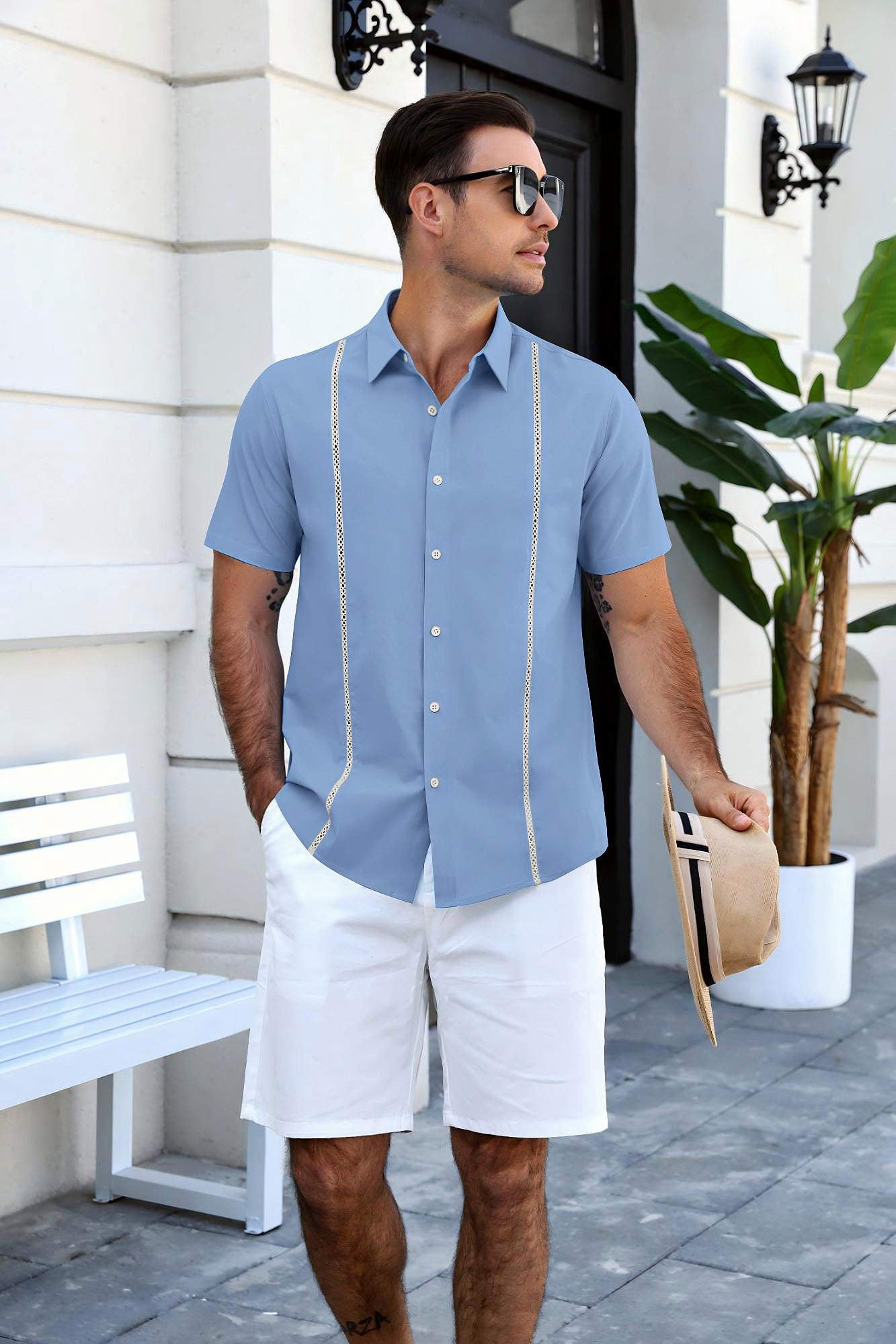 COOFANDY Men's Button Up Shirts Casual Short Sleeve Stripe Shirt for Men Casual and Office Wear