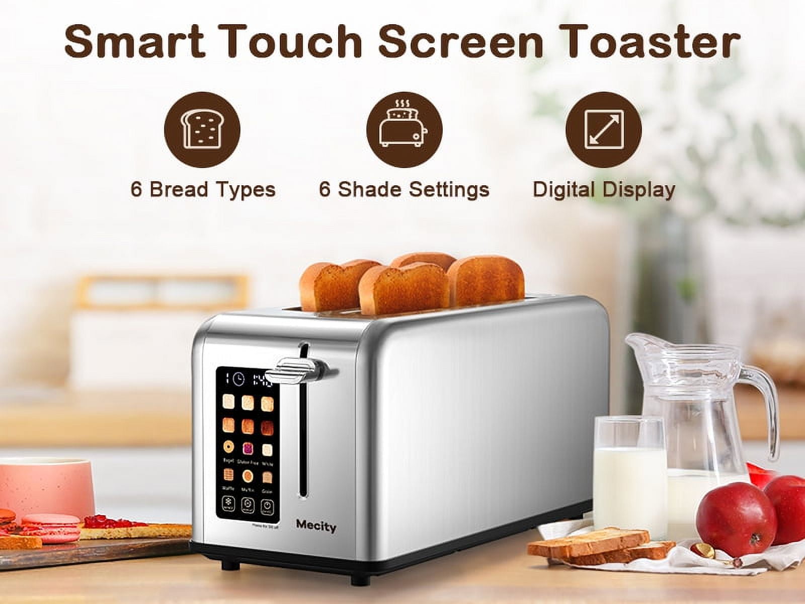 Mecity 4-Slice Toaster with Touchscreen, Stainless Steel, Long Slots, Crumb Tray, Timer, Defrost, Reheat, 120V 1400W, Silver