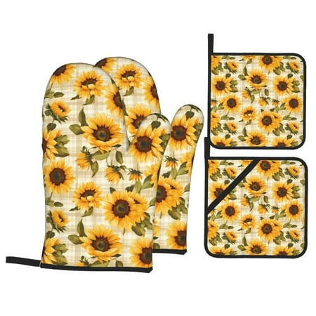 

Oven Mitts and Pot Holders Sets 4 pcs - Scottish Plaid Sunflower Heat Resistant Silicone Oven Gloves with Non-Slip Silicone Surface and hot pads for kitchen Baking Cooking BBQ
