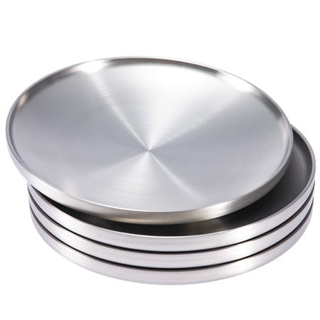 Sumerflos Assiette de Souper en Acier Inoxydable 304, Assiette à Dessert Ronde à Double Couche de 9 Pouces, Assiette de Service pour Salade de Camping pour Cuisine Familiale, Camping en Plein Air, Collation et BBQ - Ensemble de 4