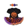 thumbnail image 6 of Stylesilove Infant Baby Girls Pumpkin Short Sleeve Cotton Romper Dress and Headband 2pcs Halloween Outfit, 6 of 13