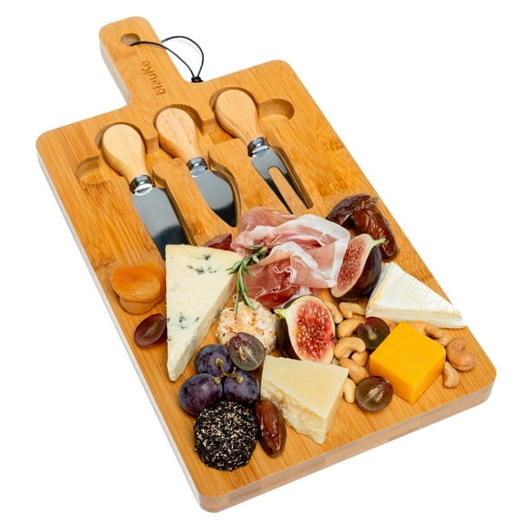 BlauKe® Bamboo Cheese Board and Knife Set 12x8 inch - Wood Cheese Cutting Board, Serving Tray Platter, Charcuterie Board Set, Magnetic Cheese Knives