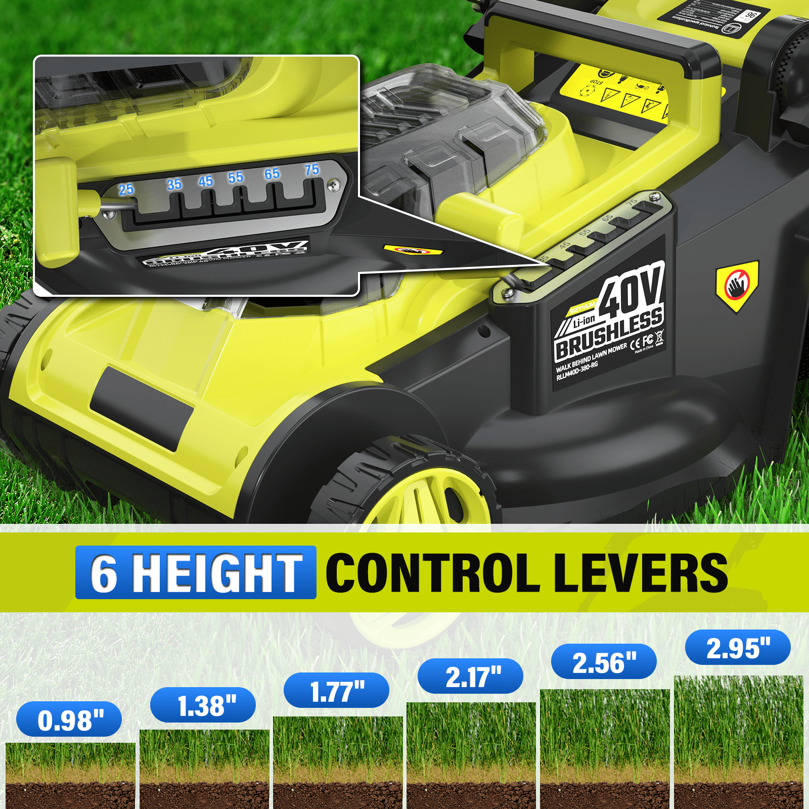 40V 16" Cordless Push Lawn Mower, Battery Powered Electric Mower with 2 x 4.0Ah Batteries & Charger, Brushless Motor, 6-Height Adjustment for Garden, Yard and Farm