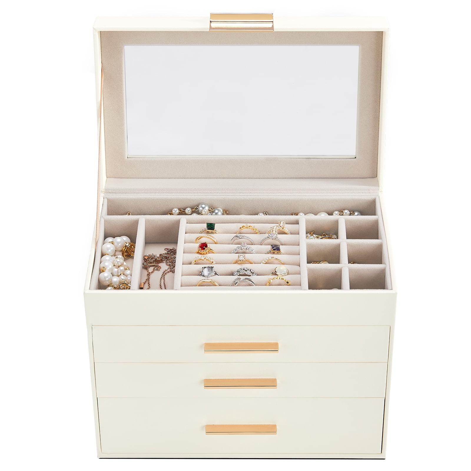 2-Drawer Jewelry Box White Jewelry Organizer with Pink Velvet Lining & Clear Top Lid Compact Storage White