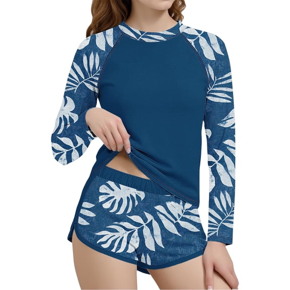 Girls Long Sleeve Rash Guard & Swim Shorts Set UPF 50 Sun Protection, Tropical Leaf Print Swimwear,Size 10-11 T