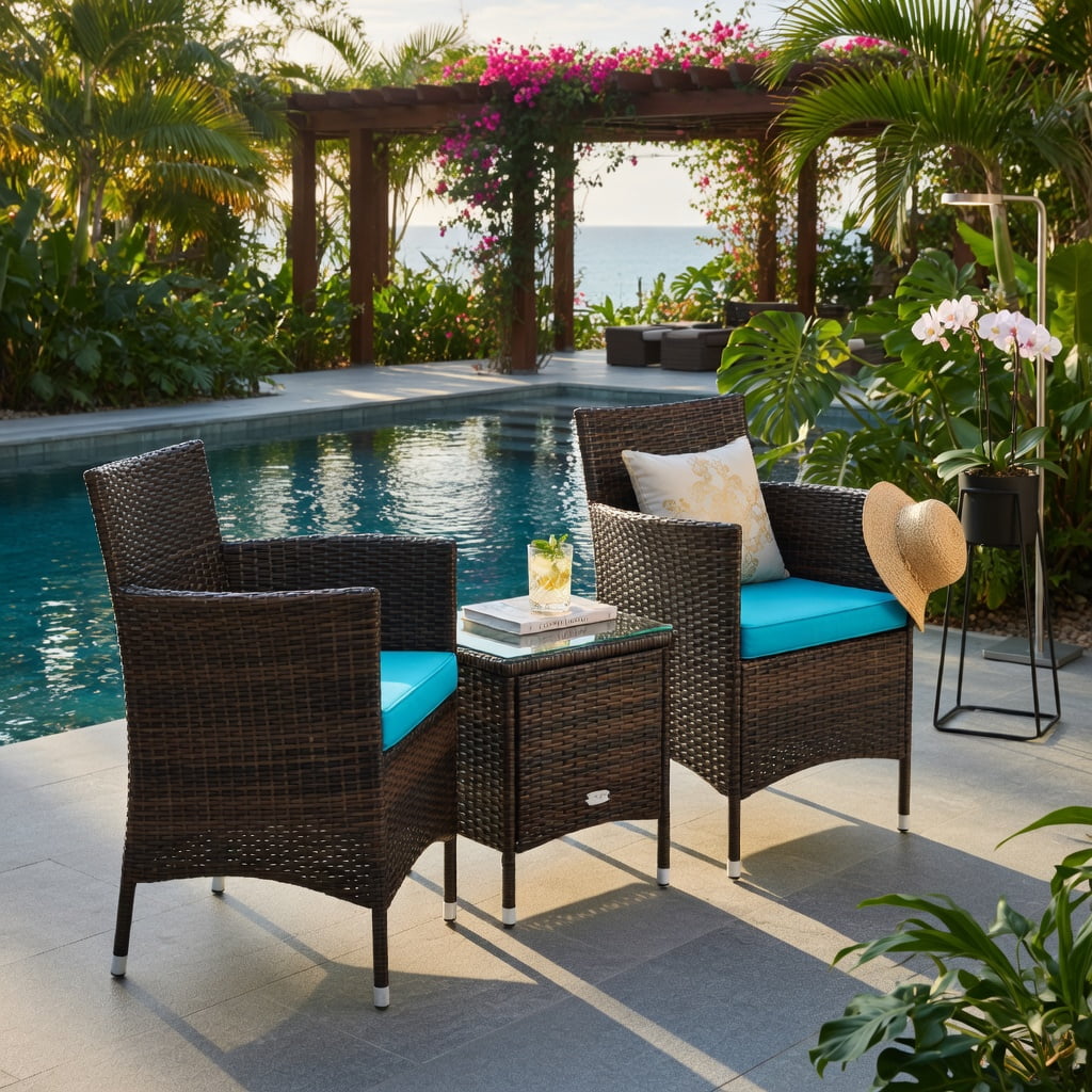 Hommoo 3-Piece Outdoor Wicker Patio Furniture Set with Cushions, PE Rattan Chairs & Tempered Glass Coffee Table for Backyard, Poolside, or Garden, Turquoise