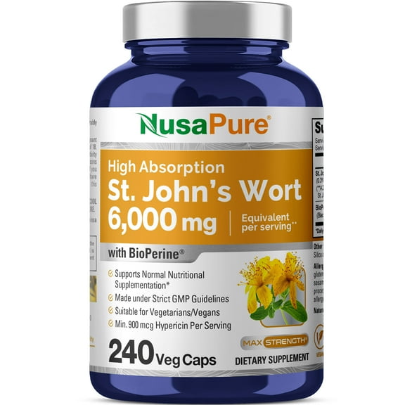 NusaPure 6,000mg St. John's Wort: 240 Veggie Capsules, Vegetarian, Non-GMO, Vegan, Enhanced with Bioperine, Dietary Supplement for Unisex Health & Wellness