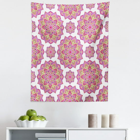 Purple Mandala Tapestry, Shabby Form Lotus Flower Style Essence Pattern, Fabric Wall Hanging Decor for Bedroom Living Room Dorm, 5 Sizes, Lime Green Fuchsia, by Ambesonne