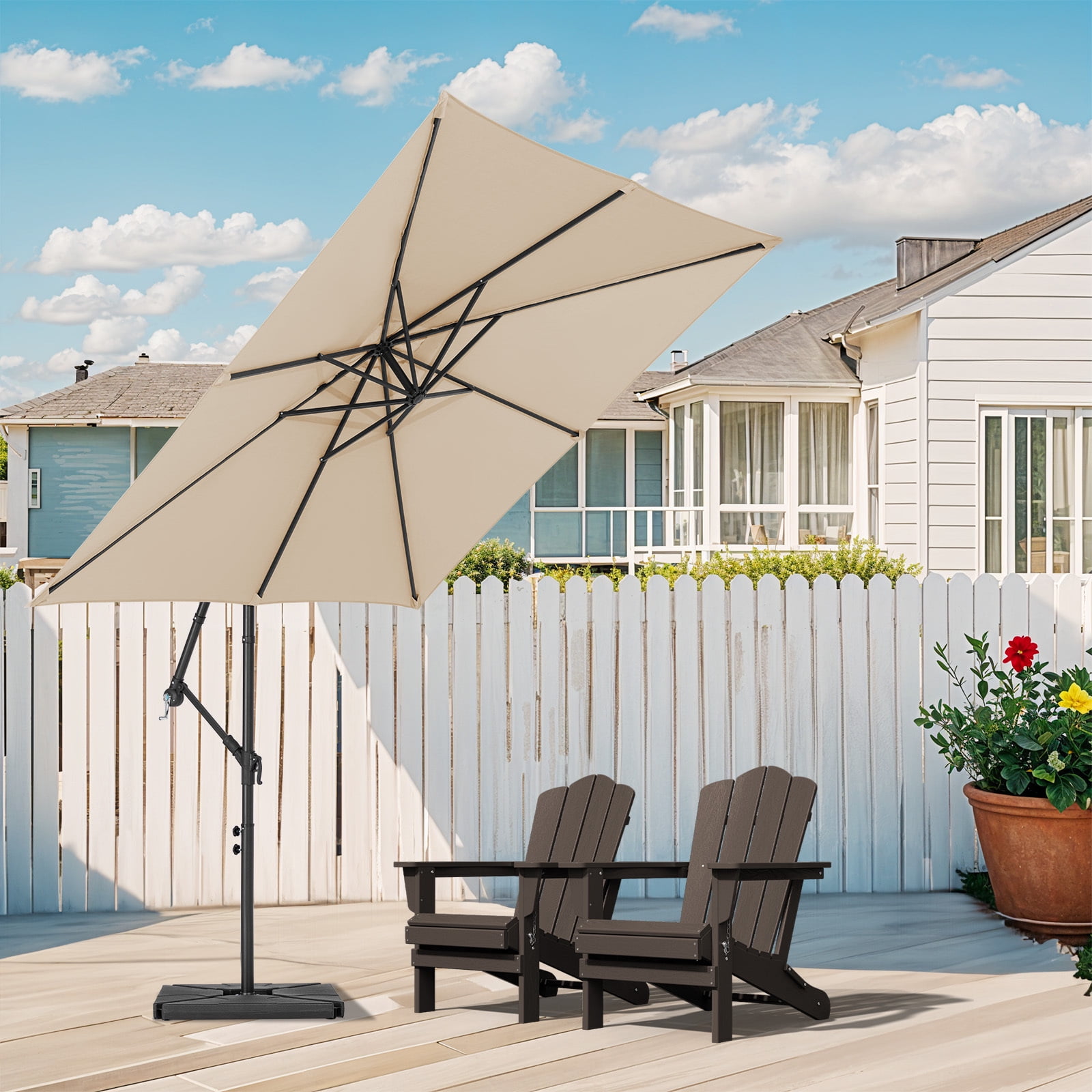 JUSTLET 8 x 8 ft Outdoor Square Hanging Offset Cantilever Umbrella for Garden, Base Included, Beige