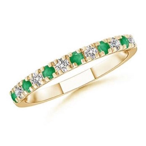 Round Shape Green Emerald CZ Diamond Eternity Band Ring Women 925 Sterling Silver Yellow Gold Plated May Birthstone Mothers Day Women Gift Gemstone Jewelry