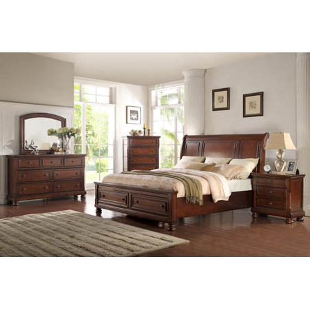 Mcferran B608 Q Cherry Wood Finish Queen Platform Bedroom Set 4pcs