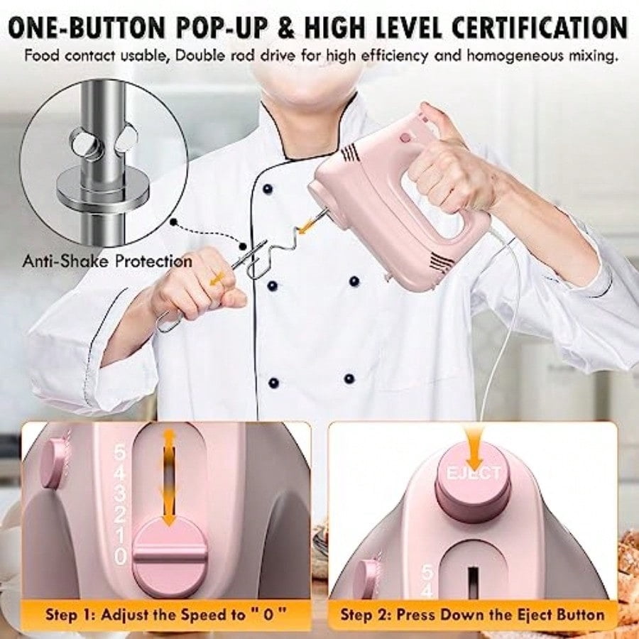 Electric Hand Mixer with Stainless Steel Whisk Dough Hook Attachment and Storage Bag Handheld Mixer for Baking Cakes Eggs Cream Food Mixers. Turbo Boost/5 Speed Kitchen Blender PINK