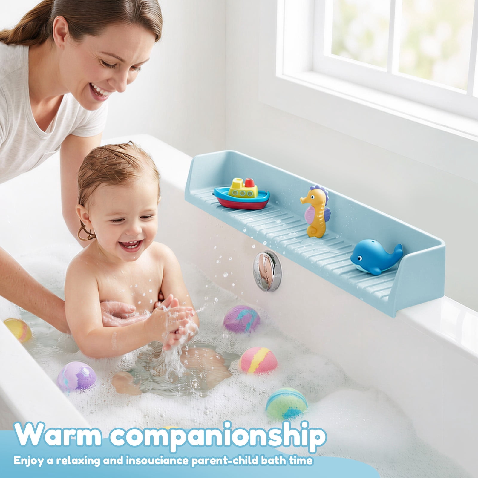 Ikoopy Splash Guard for Bathtub Kids Silicone Bathtub Sky Blue Splash Guard with Suction Cups Bath Tub Play Shelf for Kids and Toy Holder Avoid Water Spill in Bathroom Fun Bath Time for Toddler Baby