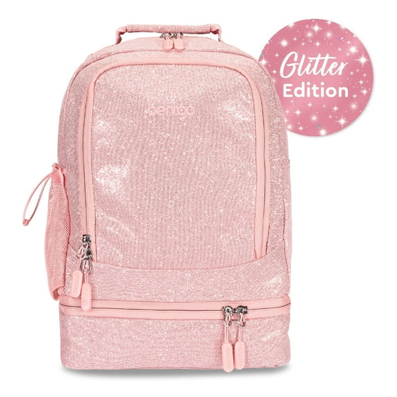 Bentgo® Kids 2-in-1 Backpack & Insulated Lunch Bag - Glitter Designed 16” Backpack for School & Travel - Durable, Water Resistant, Padded, & Large Compartments (Glitter Edition - Petal Pink)