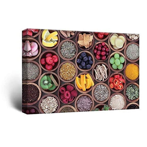 wall26 Canvas Print Wall Art Variety of Tropical Fruits, Peppers, Seasonings & Seeds Fruit Food Photography Realism Chic Scenic Colorful Multicolor Ultra for Living Room, Bedroom, Office - 12&quo