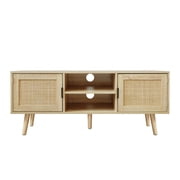 Eumyviv Farmhouse TV Stands for 55 Inch TV,Wood Media Entertainment Center Cabinet Console Table with 2 Rattan Doors, Natural Oak, H0015