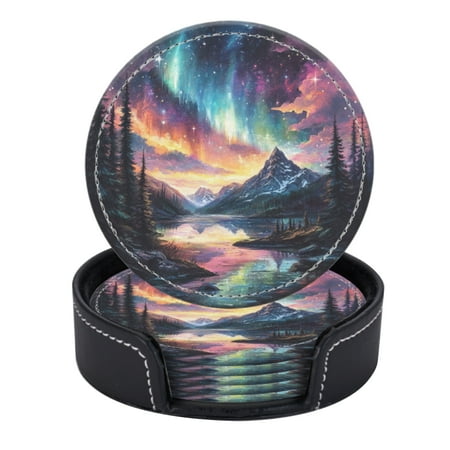 

PU Leather Coasters for Drinks Bar Beer Set of 6 with Holder Round Housewarming Gift Northern Lights