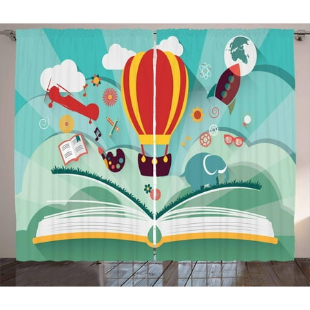 Nursery Airplane Curtains 2 Panels Set, Open Book with Air Balloon Rocket Airplane Flying Out Imagination Concept, Window Drapes for Living Room Bedroom, 108W X 63L Inches, Multicolor, by