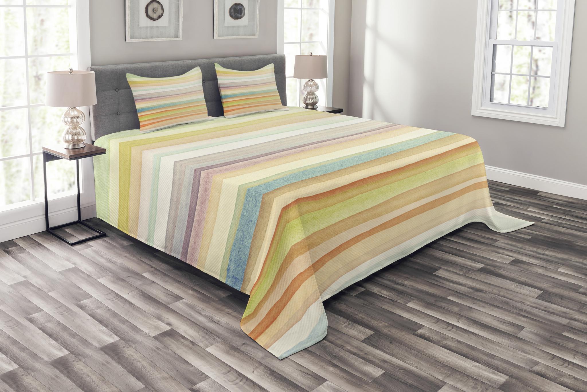 Pastel Bedspread Set King Size, Horizontal Watercolors Stripes Acrylic