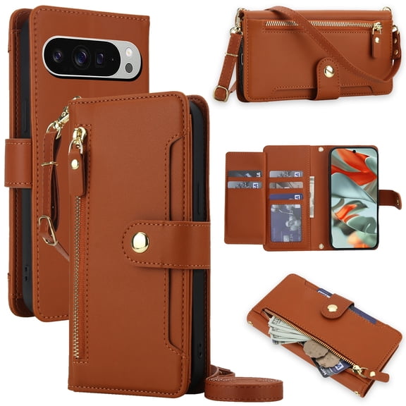 Designed For Google Pixel 9 / 9 Pro Wallet Case,With Shoulder Strap Wrist Strap,PU Leather Flip Folding Kickstand,Card Slots,Zipper Pocket,Shockproof Anti-fall Crossbody Wallet Case,Brown