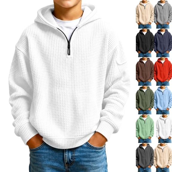 Hoodies for Boys Quarter Zip Waffle Knit Pullover Hooded Sweatshirt Tops,Kids Zip Long Sleeve Hoodie,Teen Boy Fashion Fall Winter Casual Sweatshirts,Back to School Clothes,White,L