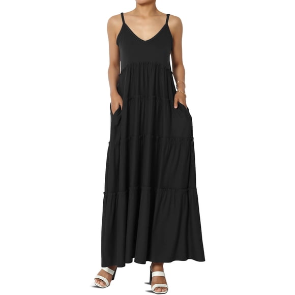 TheMoogan Robe Longue Maxi d'Été Décontractée pour Femme Grande Taille, à Volants Superposés, Col en V, Camisole, Soleil, avec Poche