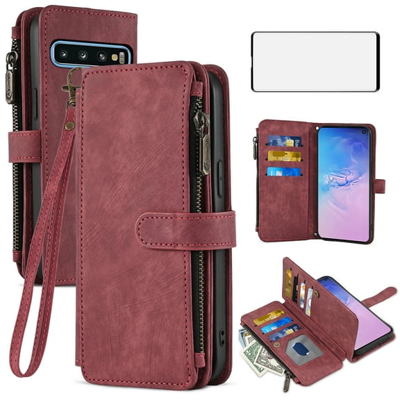 Asuwish Compatible with Samsung Galaxy S10 Wallet Phone Case and Tempered Glass Screen Protector Faux Leather Flip Credit Card Holder Stand Zipper Slot Cell Cover for S 10 Edge 10S GS10 X10 Women Red