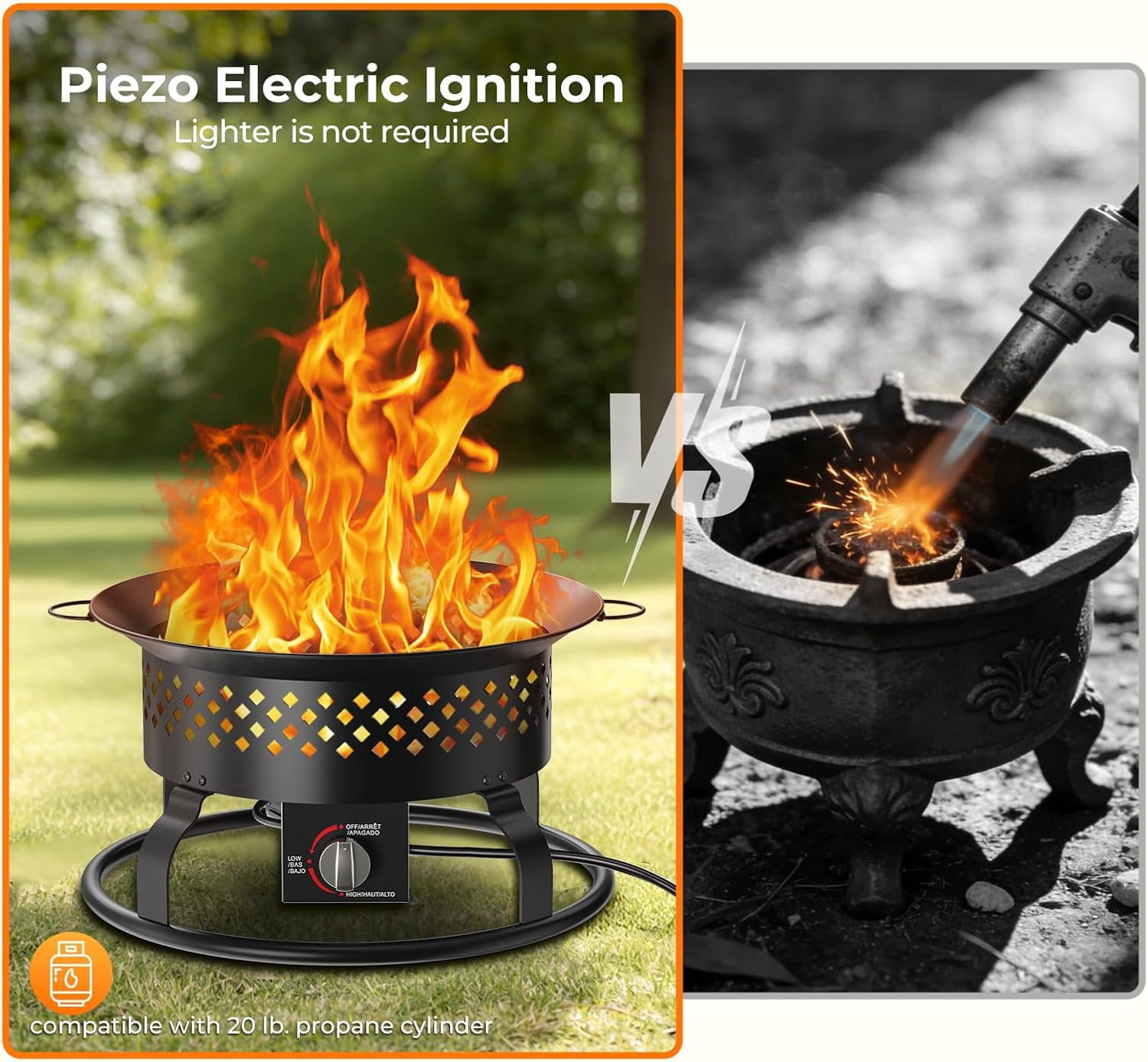 WAA 19" Portable Propane Fire Pit 50000 BTU Smokeless Carry Bag Lava Rocks for Camping RV