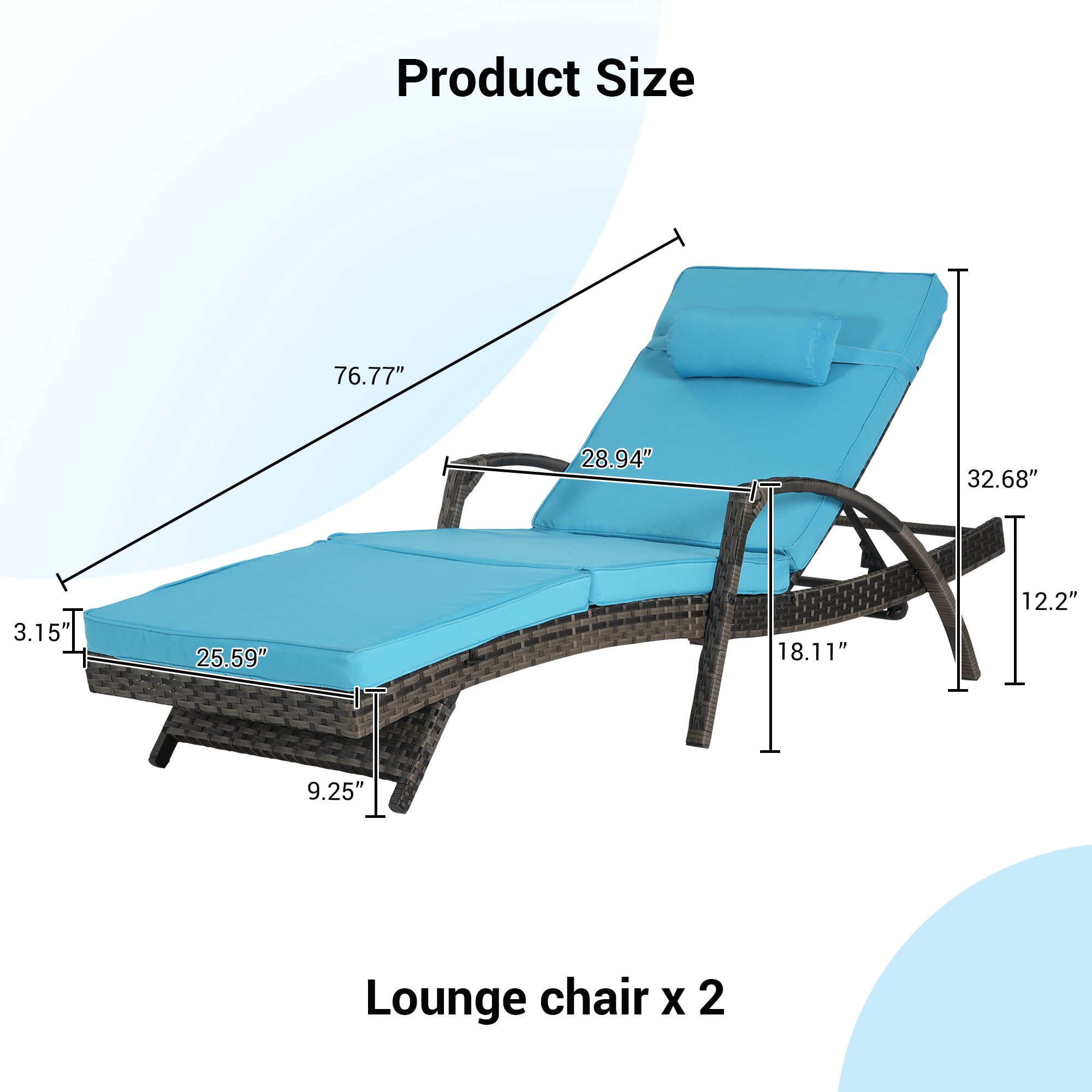 Leumius Outdoor Chaise Lounge Chair Set of 2,Wicker Reclining Lounge Chair with Cushions and Backrest Adjustable to 150° for Outside Pool Patio,Light Blue