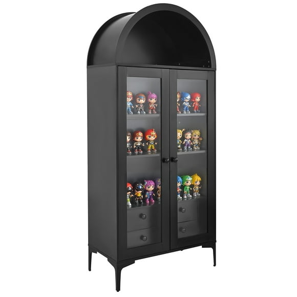 VEVOR Arched Display Cabinet with Glass Doors, 70 in Tall Curio Cabinet, 4-Tier Display Case with 2 Adjustable Shelves, Bookcase Bookshelf for Collectibles Storage Bedroom Living Room Office