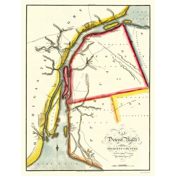 Historic Nautical Map - Detroit River Adjacent Areas - Melish 1813 - 23 x 30.24 - Vintage Wall Art