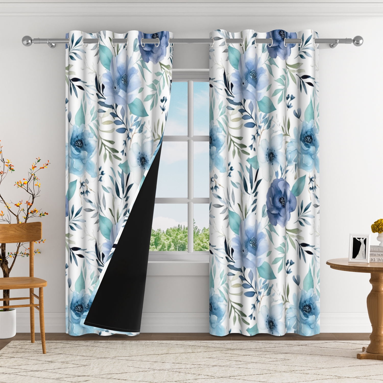 Aofoto Floral Leaf Print Blackout Grommet Curtain for Living Room/Bedroom, 2 Panel, 42"x96", Multicolor
