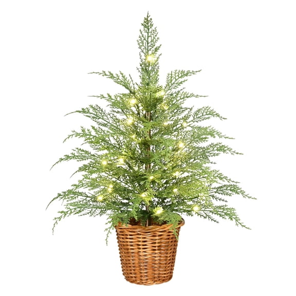 2 FT Green Cypress Artificial Christmas Tree 1 Pc with 30 Warm Yellow LED Lights Mini Tabletop Xmas Tree in Plastic Basket Base Indoor Holiday Decoration, 23.62 Inch, Green