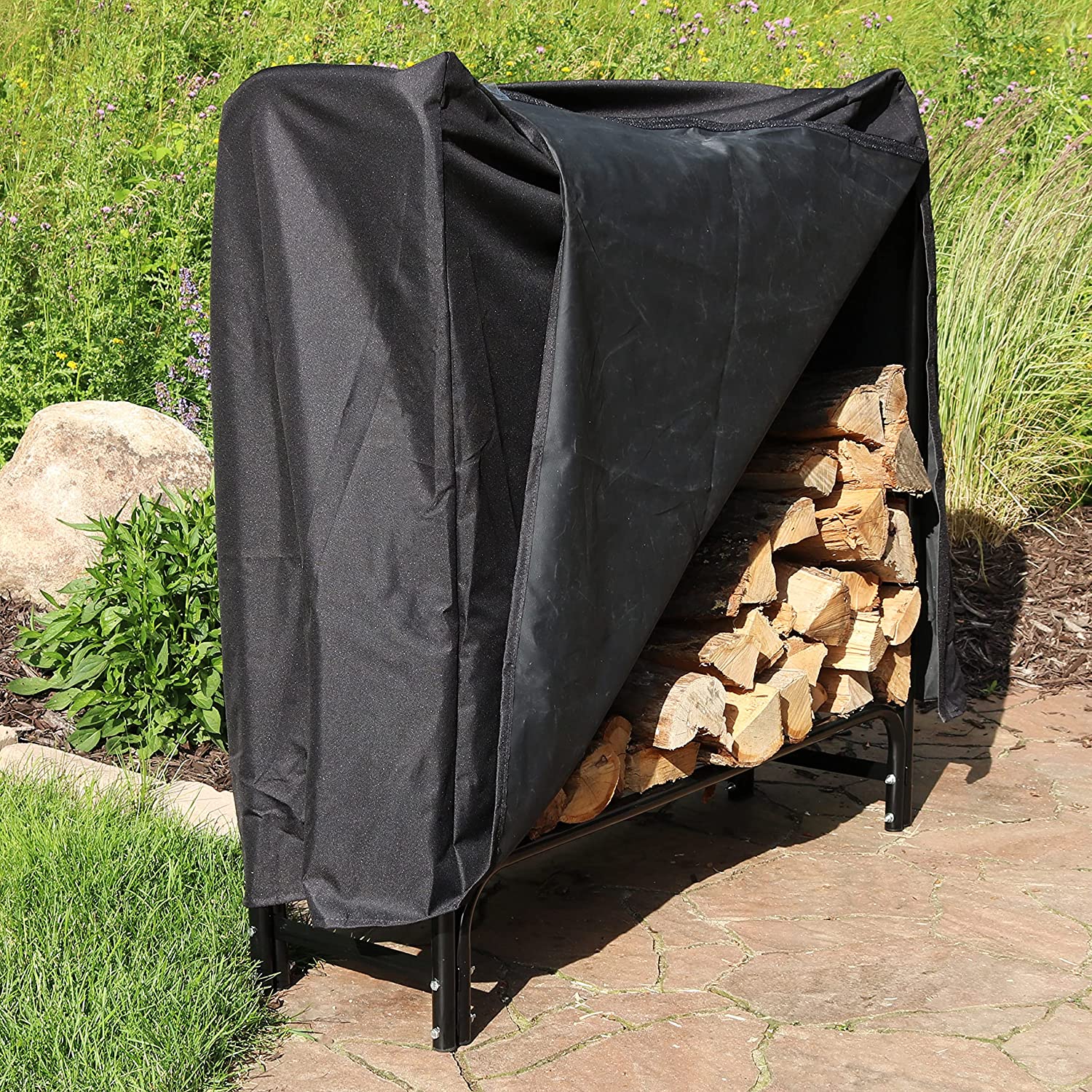 Outdoor Firewood Log Rack and Cover Set - 4-Foot Powder-Coated Steel Lumber Storage System with Durable Weather-Resistant Protective Black PVC Top - image 3 of 9