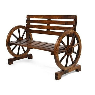 41" Rustic Wooden Wheel Bench Outdoor Bench, 2-Person Patio Bench Wagon Slatted Seat, Garden Benches for Outdoors 350lbs High Capacity
