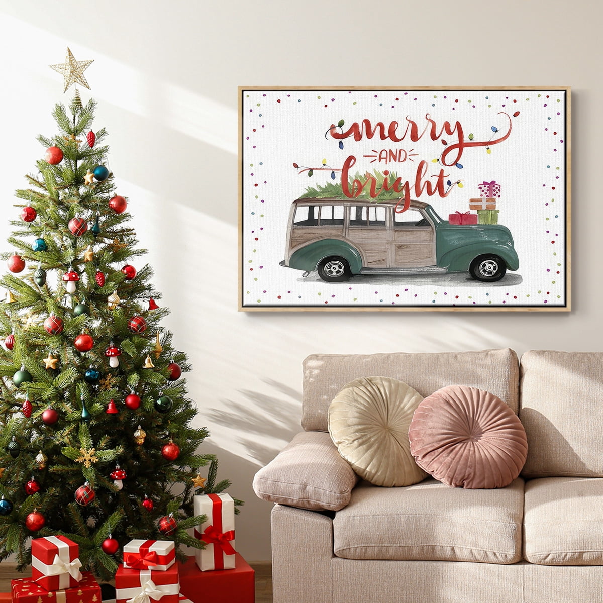Christmas Cars Collection A - Framed Gallery Wrapped Holiday Canvas - 17 x 25 - Natural Wood Frame