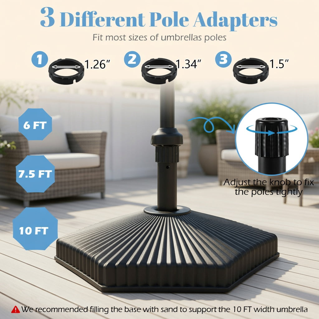 Resenkos Umbrella Base for Patio, Umbrella Stand Outdoor Base,Fillable Umbrella Base with Shell Texture and 3 Coupler Sizes-Black