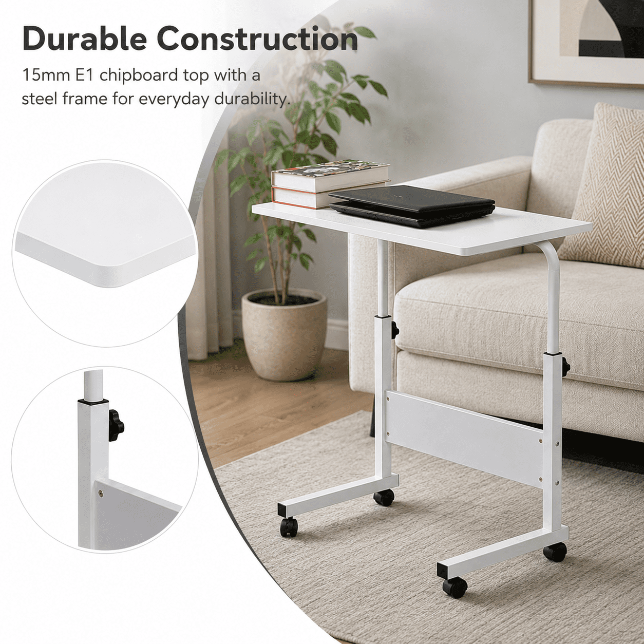 Alvantor Rolling Laptop Table, Height Adjustable, Removable Design, Wheels and Baffle Panel, White, Large, 31.5 x 15.75 in