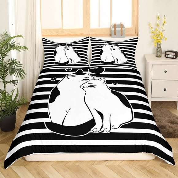 Couple Cat Duvet Cover Black and White Stripe Bedding Sets Twin Cartoon Animal Kitten Comforter Cover 2 Piece Soft Breathable Bedding,Valentine's Day Gifts for Her Him Romantic Theme Decorations
