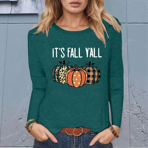 MHFRRA Camiseta de Manga Larga con Cuello Redondo y Estampado de Calabaza de Halloween Verde Oscuro