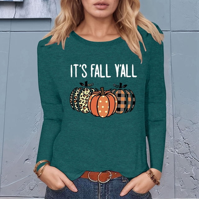 MHFRRA Camiseta de Manga Larga con Cuello Redondo y Estampado de Calabaza de Halloween Verde Oscuro