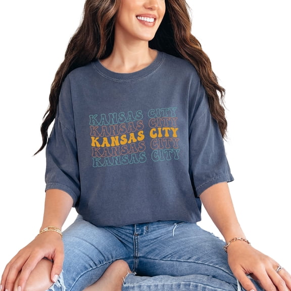 Kansas City, US Themed, Groovy Retro Wavy Text, Denim Comfort Colors T-Shirt, Small