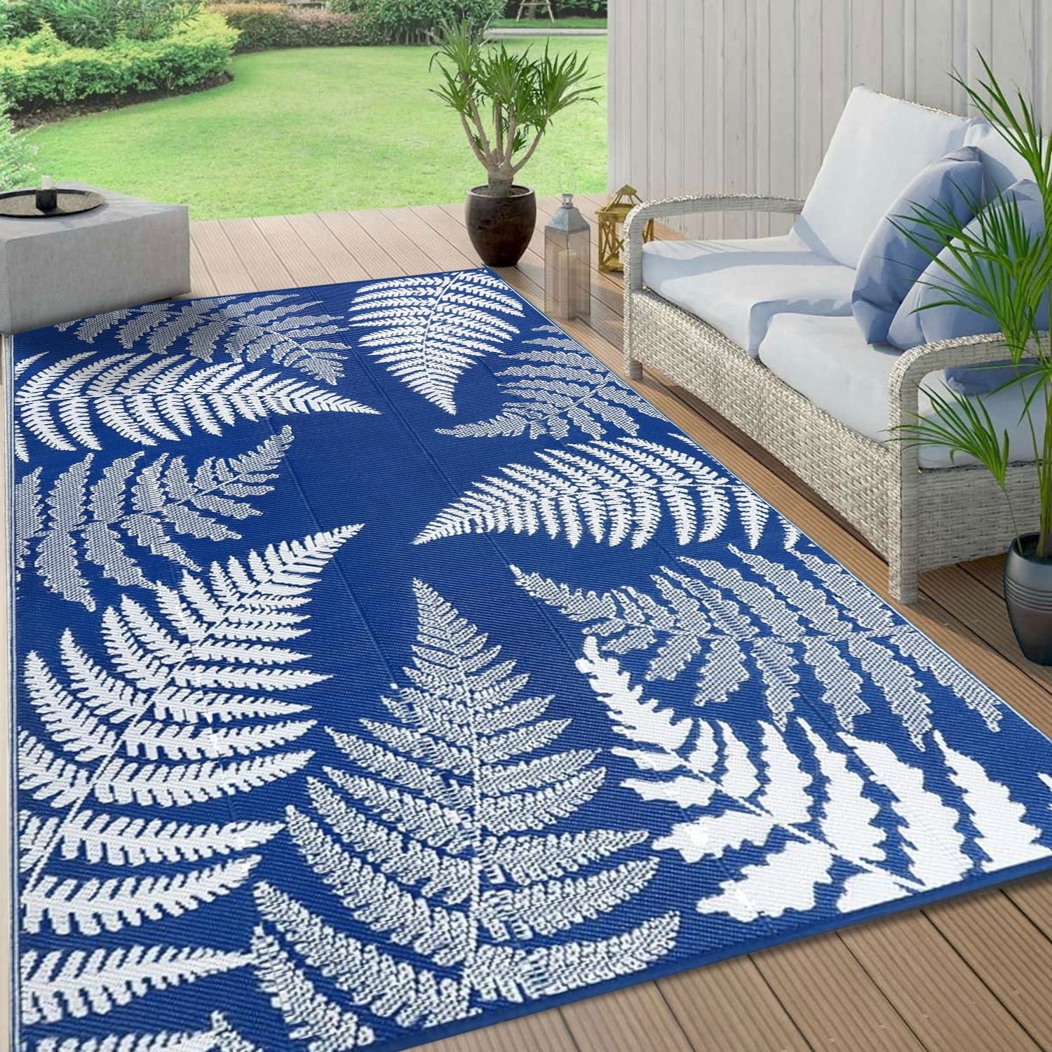 9'x12' Outdoor Rugs for Patios, Yamaziot Patio Rug RV Mat, Waterproof Reversible Plastic Straw Camping Rug for Deck Porch Balcony Blue Beach Blanket