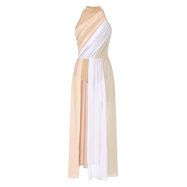 ranrann Women Lyrical Dance Dress Halter Neck Ruched Split Hem Color Block Flowy Maxi Dress for Performance Nude S