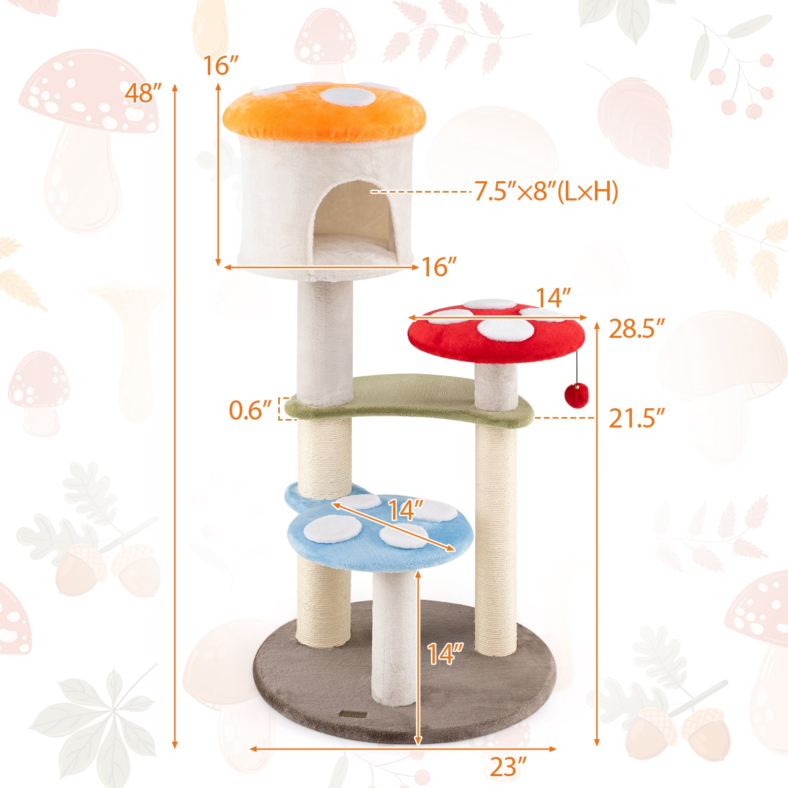 Gymax Cute Mushroom Cat Tree 48'' Tall Cat Tower w/ Sisal Scratching Posts Top Condo