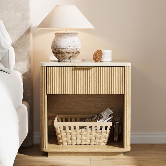 23.6" Mid Century Fluted Nightstand with Drawer Storage, Bedside Table with Charging Station and Open Shelf, Wood End Table for Bedroom Living Room and Dorm (A)