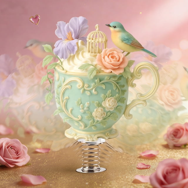 Acrylic Tea Cup Rocking Ornament with Roses | Romantic Desktop Decoration & Gift for Lovers | Valentine's Day, Anniversary, Birthday | 15cm Desktop Decor