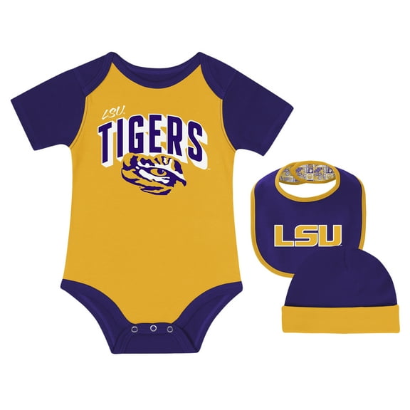 Newborn & Infant LSU Tigers Dynamic Duo Bodysuit, Bib & Cuffed Knit Hat Set